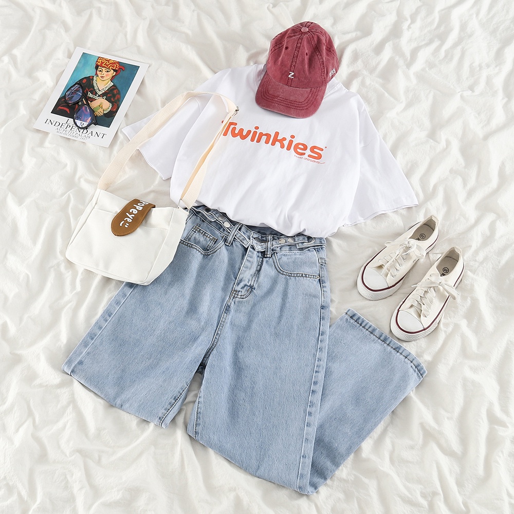 NUZIRO  Áo Thun Ngắn Tay Dáng Rộng In Họa Tiết Xinh Xắn Theo Phong Cách Hàn Quốc