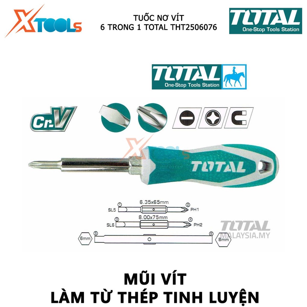 Bộ tuốc nơ vít 6 đầu TOTAL THT2506076 | Bộ tua vít kích thước 4 chi tiết 6.35*65mm, 8.00*75mm [CHÍNH HÃNG] [XTOOLs]