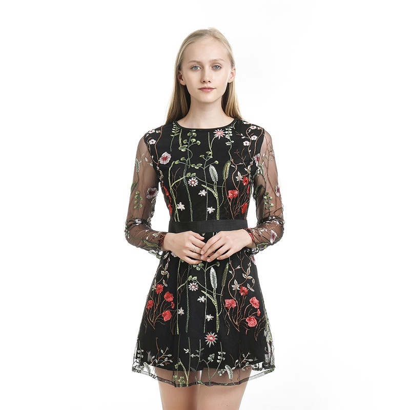 Đầm Mini Tay Lưới Trong Suốt Thêu Hoa Phong Cách Bohemian Thời Trang Mùa Hè Quyến Rũ Cho Nữ