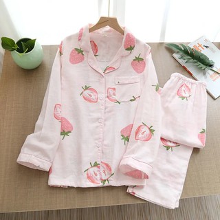 Bộ đồ ngủ nữ Pyjama mặc ở nhà dài tay dâu tây Ulzzang Hàn quốc chất siêu thích