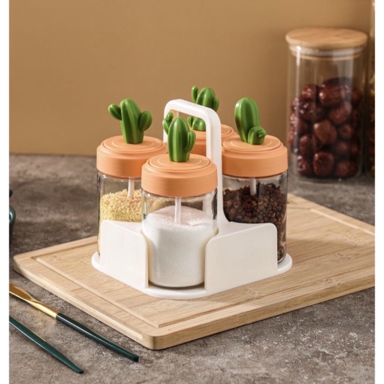 Hũ đựng gia vị thủy tinh xương rồng cao cấp,kèm khay để tiện lợi gọn gàng không gian bếp,kèm muỗng thìa đẹp