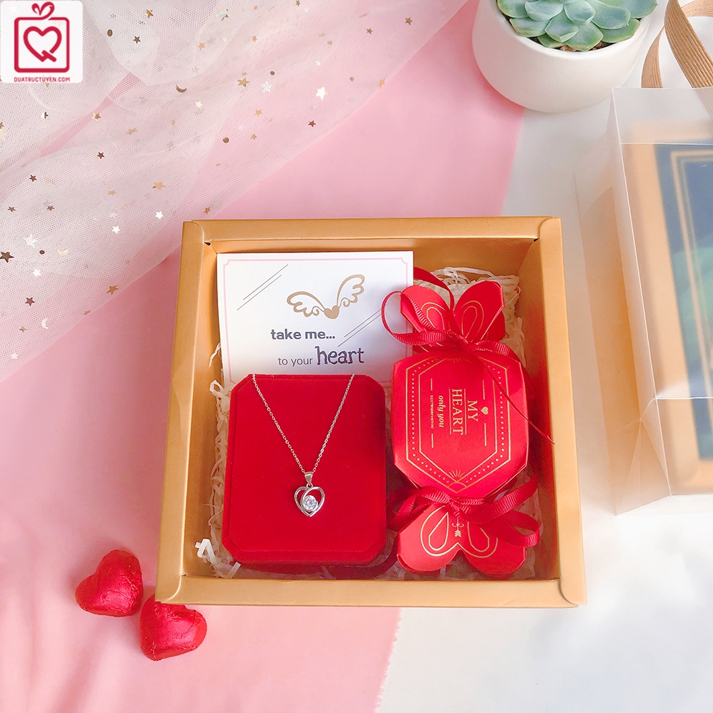 Bộ quà tặng Valentine From my heart hộp socola, dây chuyền bạc trái tim kèm túi trong suốt tặng bạn gái