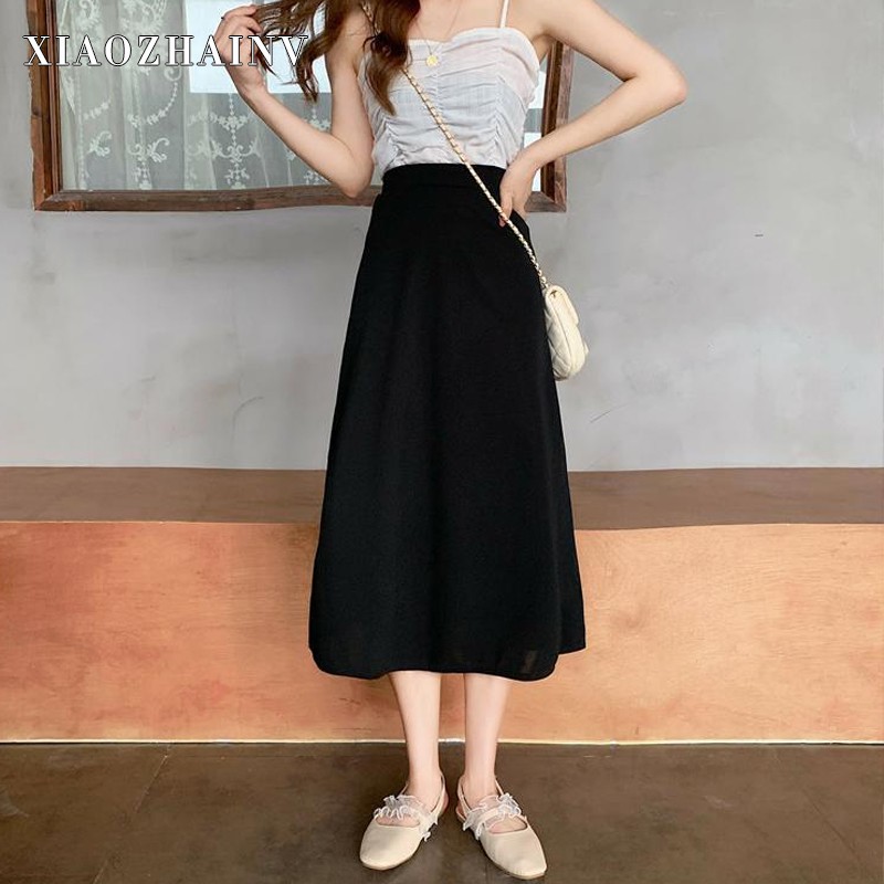 Chân váy midi Xiaozhainv lưng cao form chữ A đơn giản dễ phối đồ | BigBuy360 - bigbuy360.vn