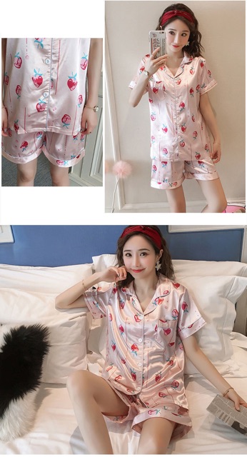 Bộ mặc nhà big size pijama short màu hồng trái dâu size lớn 75-95kg