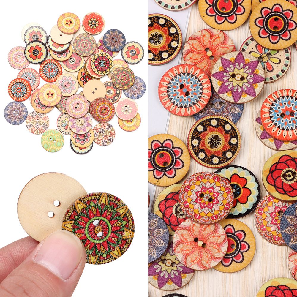 Nút Gỗ Hình Tròn 15mm/20mm/25mm In Họa Tiết Hoa Phong Cách Retro Dùng Làm Đồ Thủ Công DIY