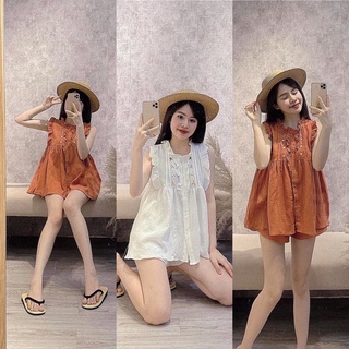S378 Set Áo Babydoll Sát Nách Phối Bèo Ngực Và Quần Short Loe Cạp Chun Dễ Mặc , Chất Đũi Mềm Mát