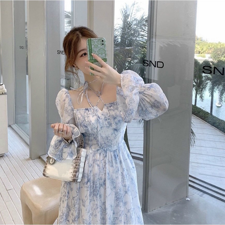 Đầm midi tùng xòe voan hoa xanh tay bồng NÀNG CLOSET