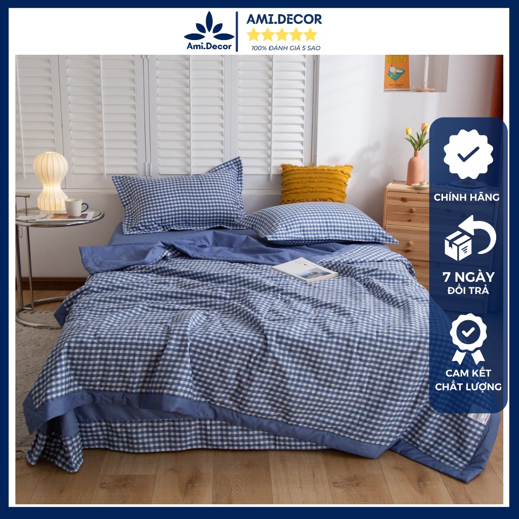 Bộ chăn ga gối cotton đũi 5 món mềm mại chăn trần nhập khẩu cao cấp, chăn ga gối phối kẻ chất vải mềm mịn thoáng mát
