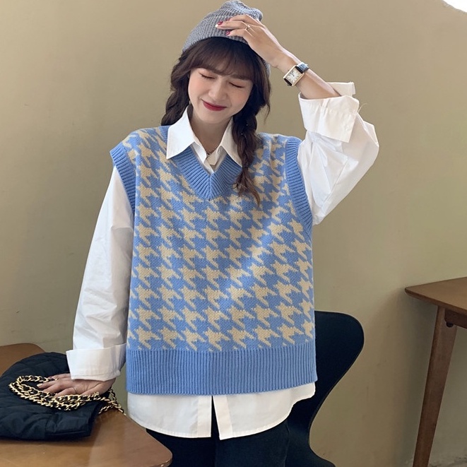 SUXI Áo len không tay cổ chữ V dáng rộng phong cách mùa thu trẻ trung cho nữ