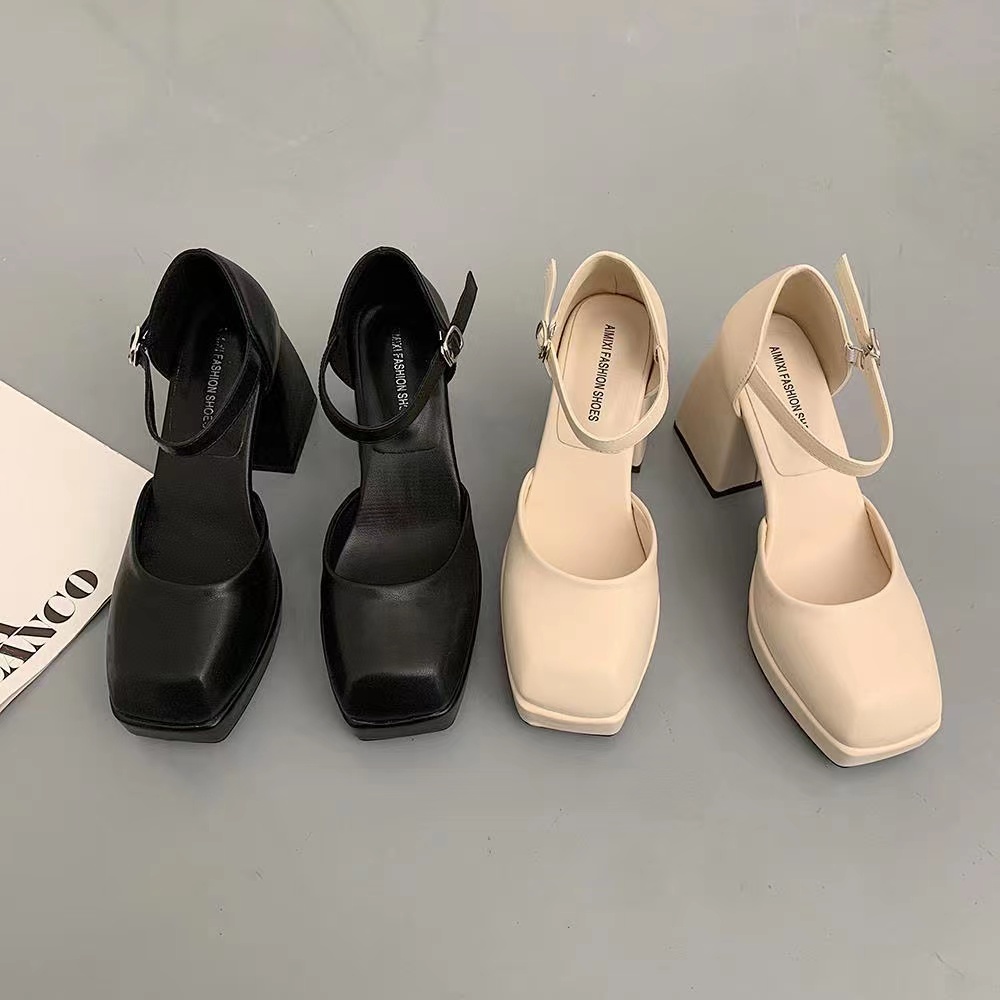 Giày Cao Gót 9cm Mũi Vuông Chất Liệu Da Cao Cấp Thời Trang