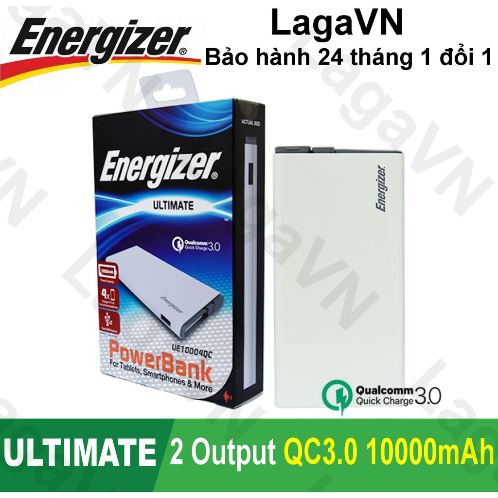 [Freeship toàn quốc từ 50k] Pin sạc dự phòng Energizer 10000mAh Li-Po 2 cổng Output Quick Charge 3.0 - UE10004QC (Trắng)