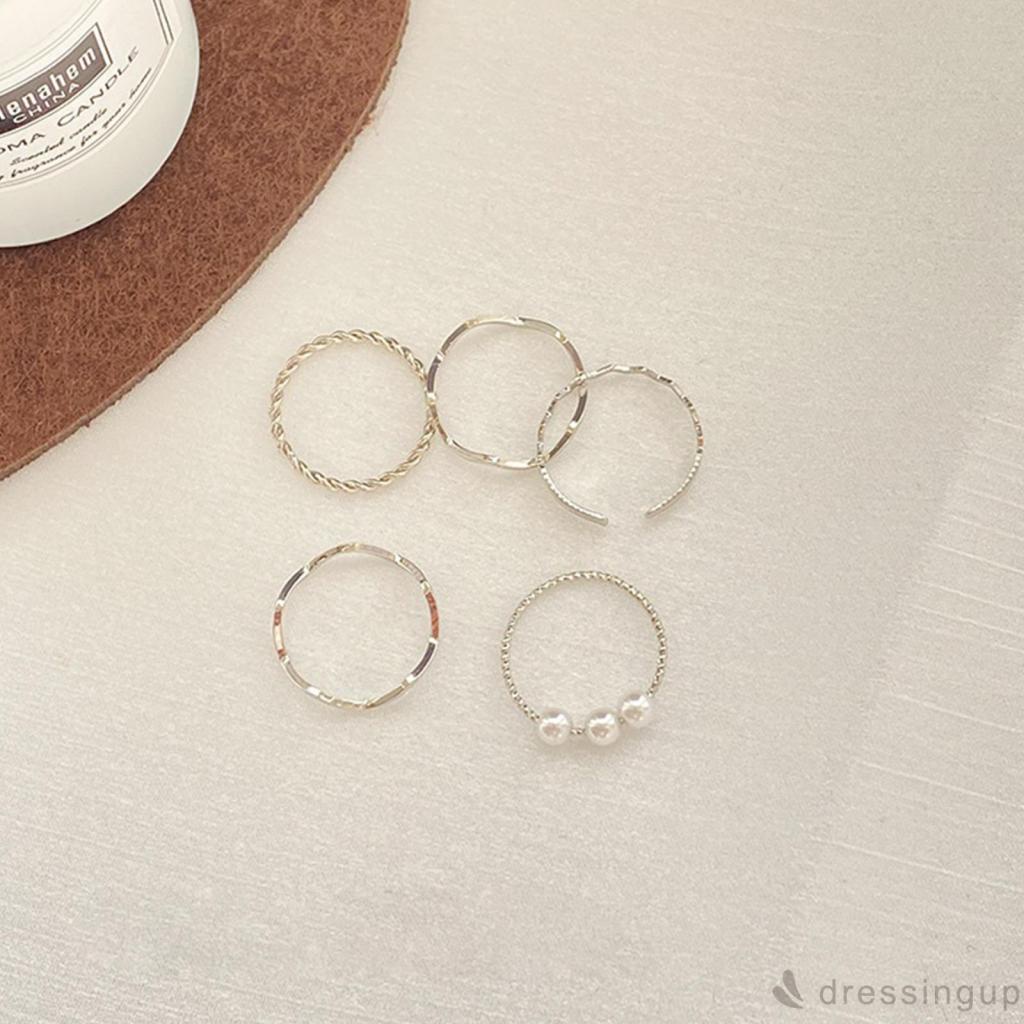 Bộ 5 nhẫn màu vàng/ bạc kiểu gợn sóng/ đính ngọc trai giả thời trang dự tiệc cho nữ