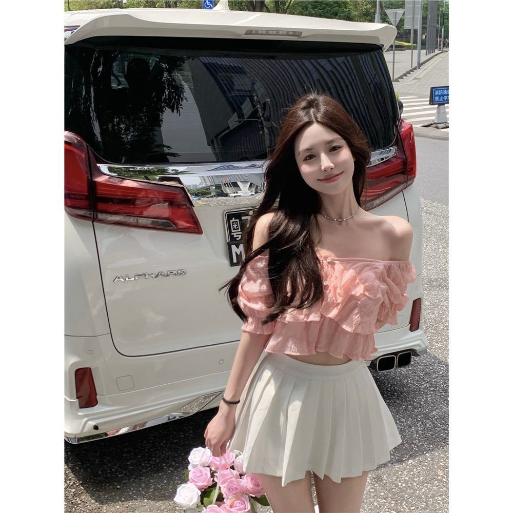 Áo kiểu COZOKC vải chiffon tay ngắn phồng trễ vai phối bèo nhún thời trang dành cho nữ