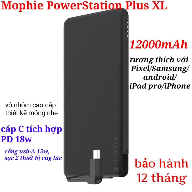 Sạc dự phòng Mophie tích hợp cáp USB-C 12000mah Powerstation Plus XL PD 18w - Hàng nhập khẩu Mỹ new 100% fullbox