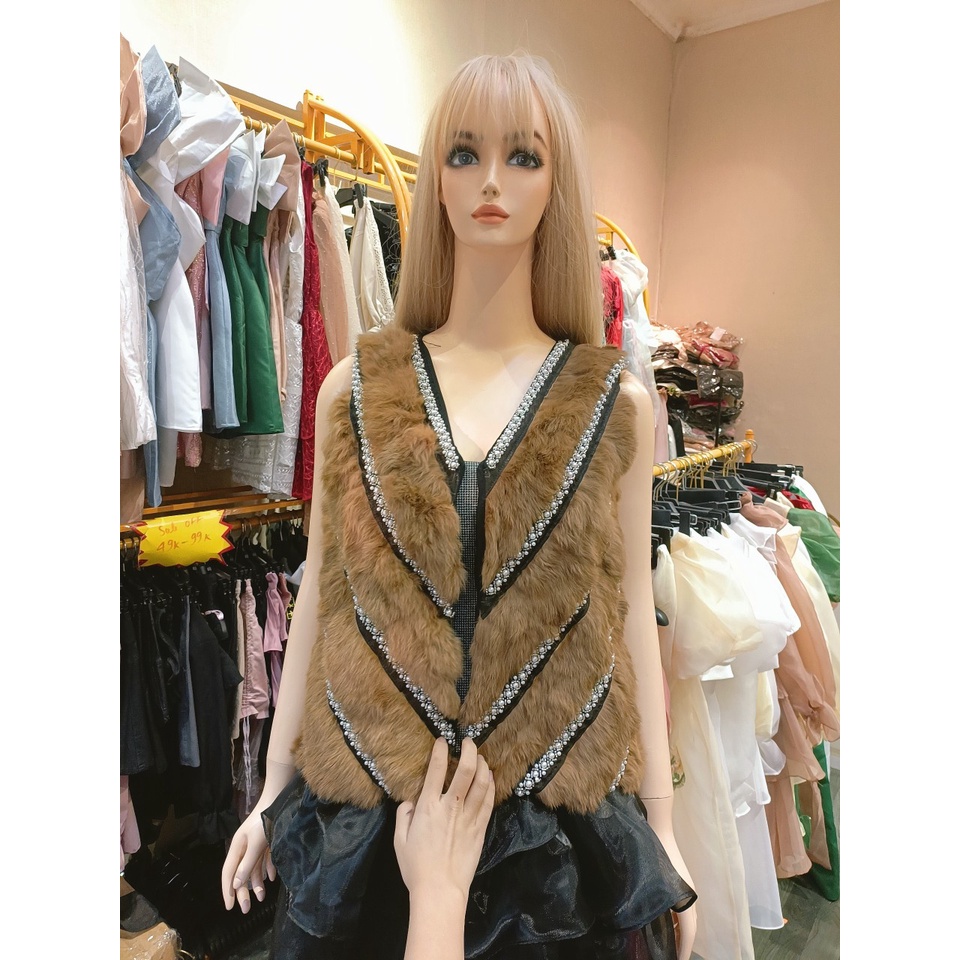 áo khoác ghi lê lông thỏ tự nhiên 100% mùa đông ấm áp đính đá hotgirl sang chảnh độc lạ