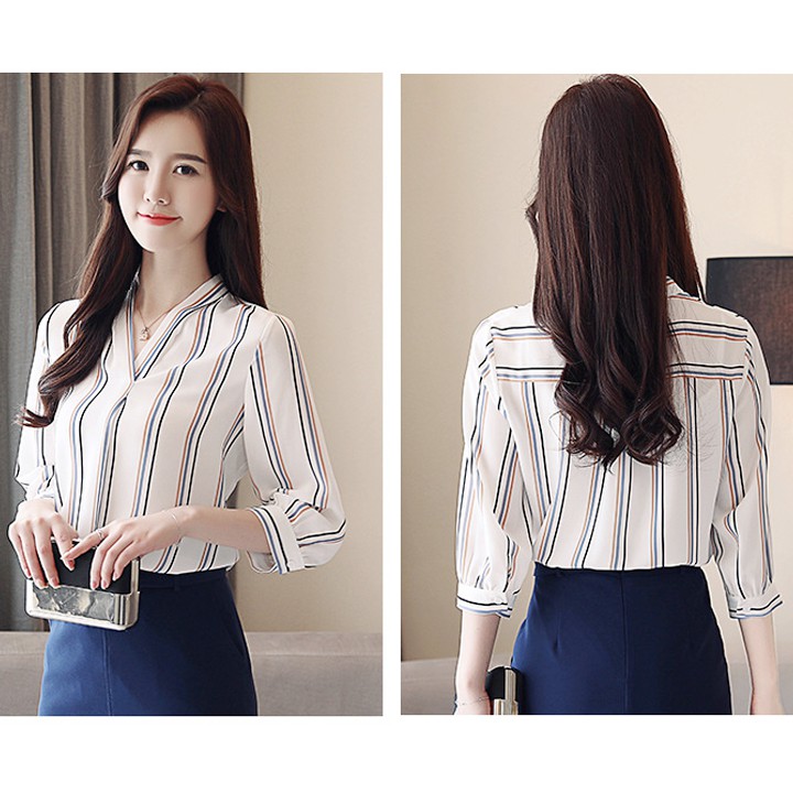 Áo sơ mi công sở nữ cổ V kẻ sọc sang trọng kiểu Hàn Quốc