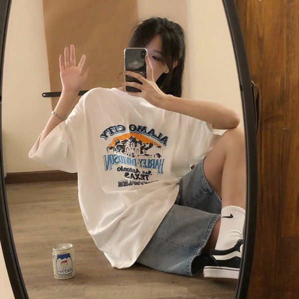 NRVP Áo thun tay ngắn cổ tròn mềm mại in họa tiết phong cách Hàn Quốc thời trang cho nữ