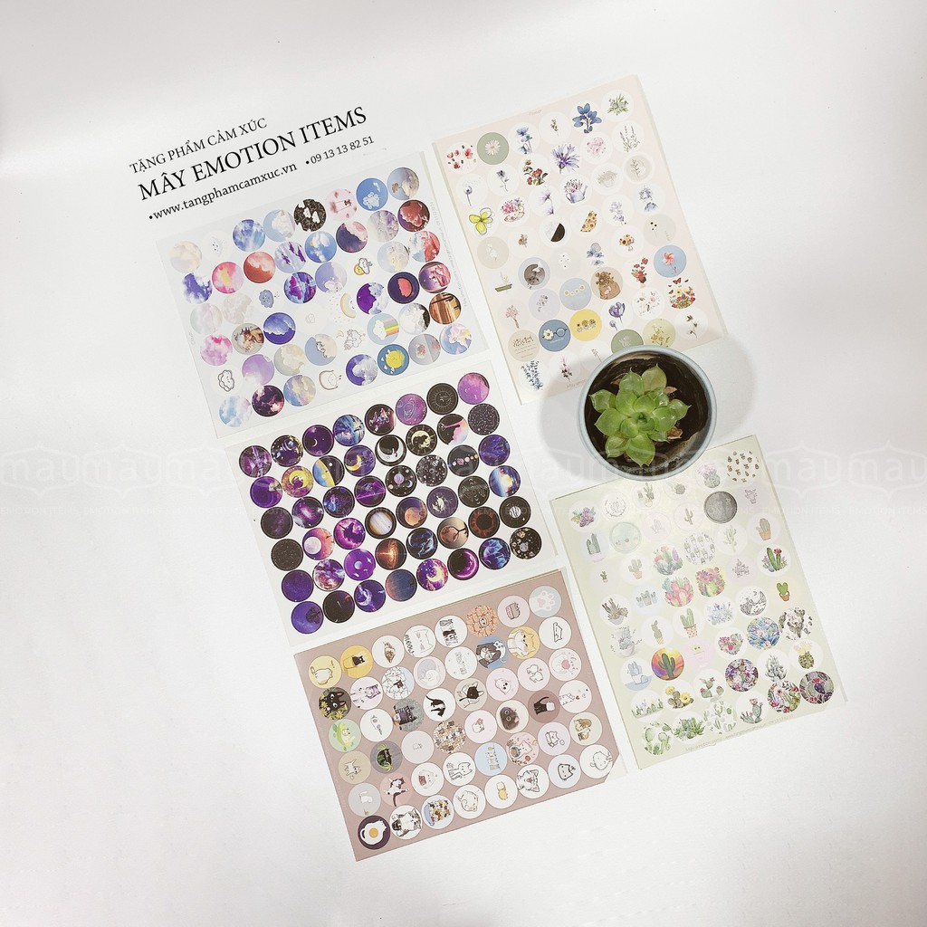 Sticker bế sẵn hình tròn nhiều chủ đề mặt cười, thú cưng, totoro, kawai set 47 hình/tờ A5