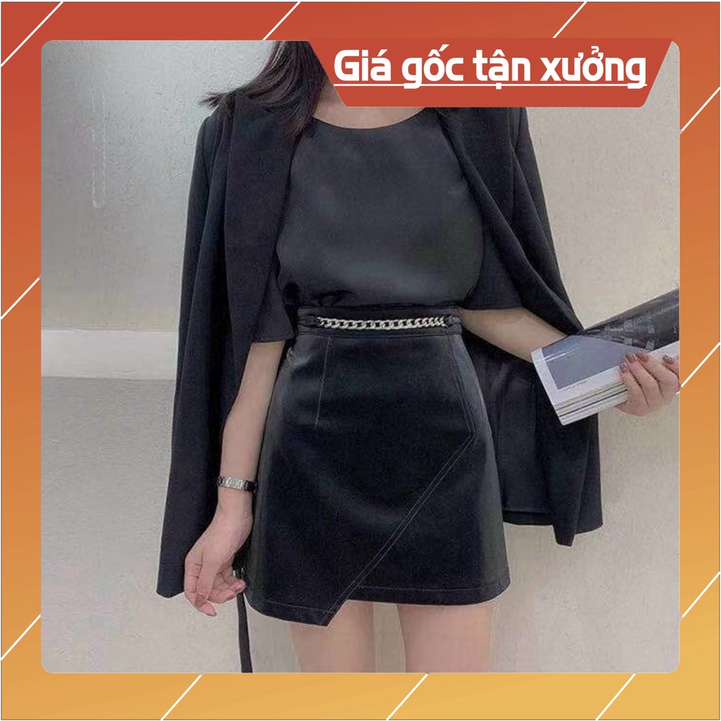 Chân Váy Da Dây Xích-Chân Váy Chữ A Phối Vạt Chéo .