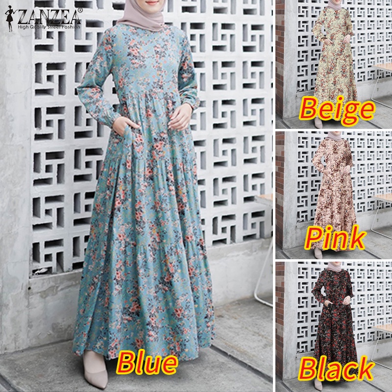 Đầm maxi ZANZEA tay dài cổ tròn in họa tiết thời trang cho nữ