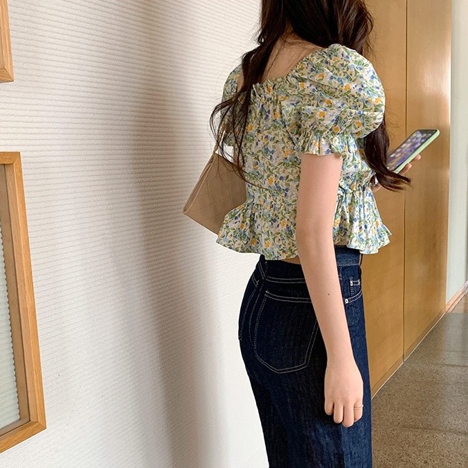 Áo SUXI tay ngắn cổ chữ V in hoa phong cách Hàn Quốc cổ điển