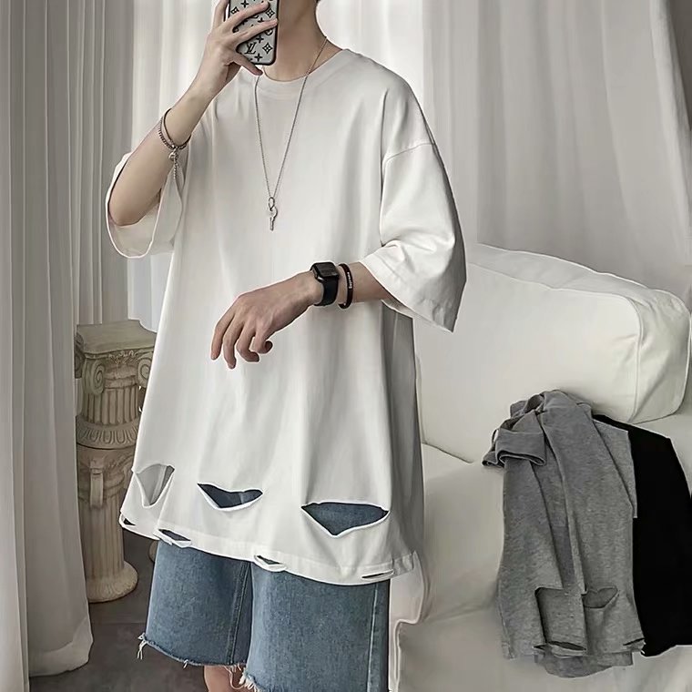 Áo thun tay ngắn dáng rộng thoáng khí phối lỗ rách 2 màu tuỳ chọn size M-5XL thời trang mùa hè dành cho unisex