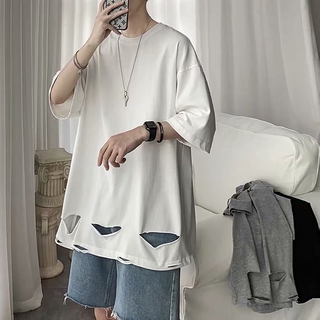 2 Màu [M-5XL] Đường Phố Mặc Lỗ Thủ Công Phù Hợp Với Tất Cả Trận Đấu Đá Mùa Hè Rời Quần Áo Áo Thun Nửa Tay Mờ Quần Áo Bé Trai Sinh Viên Phiên Bản Hàn Quốc Áo Thun Phong Cách Preppy