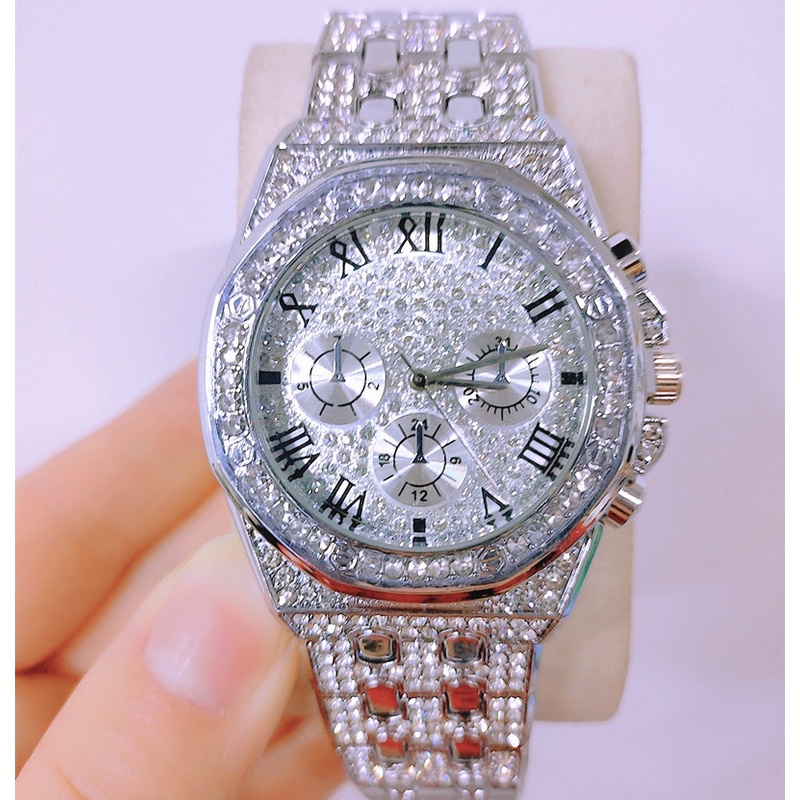 Đồng Hồ Quartz Nam Mặt Tròn Đính Hột Xoàn