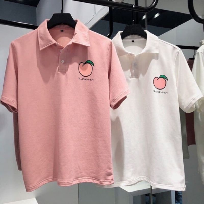 Áo polo tay lỡ unisex form rộng áo cổ bẻ in hình quả đào