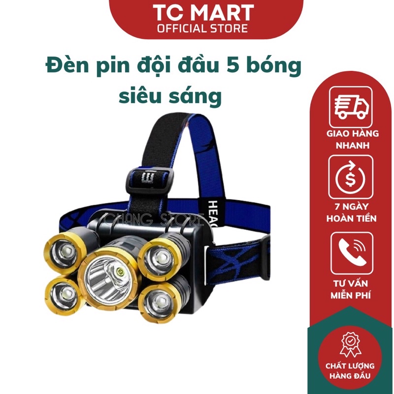 Đèn Pin Đội Đầu Đeo Trán 5 Bóng Siêu Sáng Kèm Pin Sạc Siêu Tiện Lợi - Có Khả Năng Chống Nước
