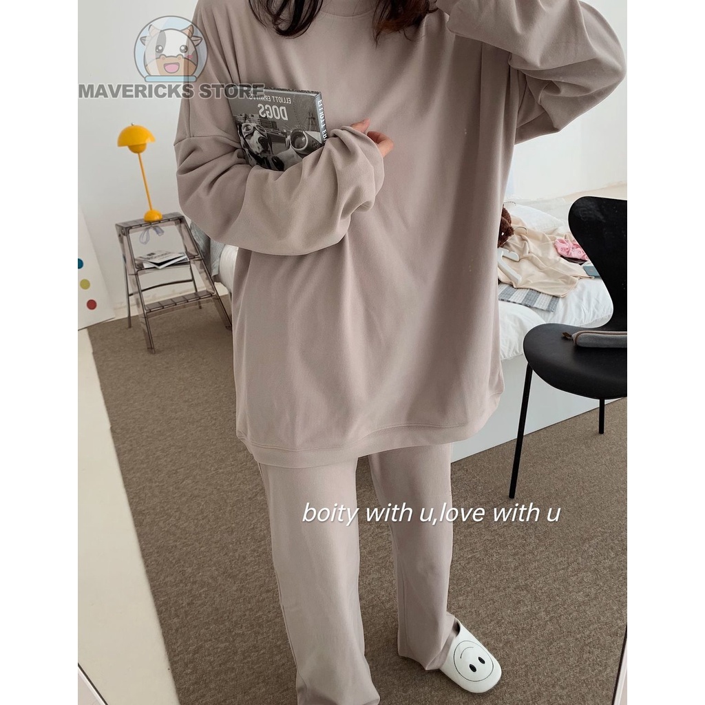 Bộ Trang Phục Hai Mảnh Gồm Áo Thun cotton Tay Dài Cổ Tròn Dáng Rộng Thời Trang Hàn Quốc Cho Nữ