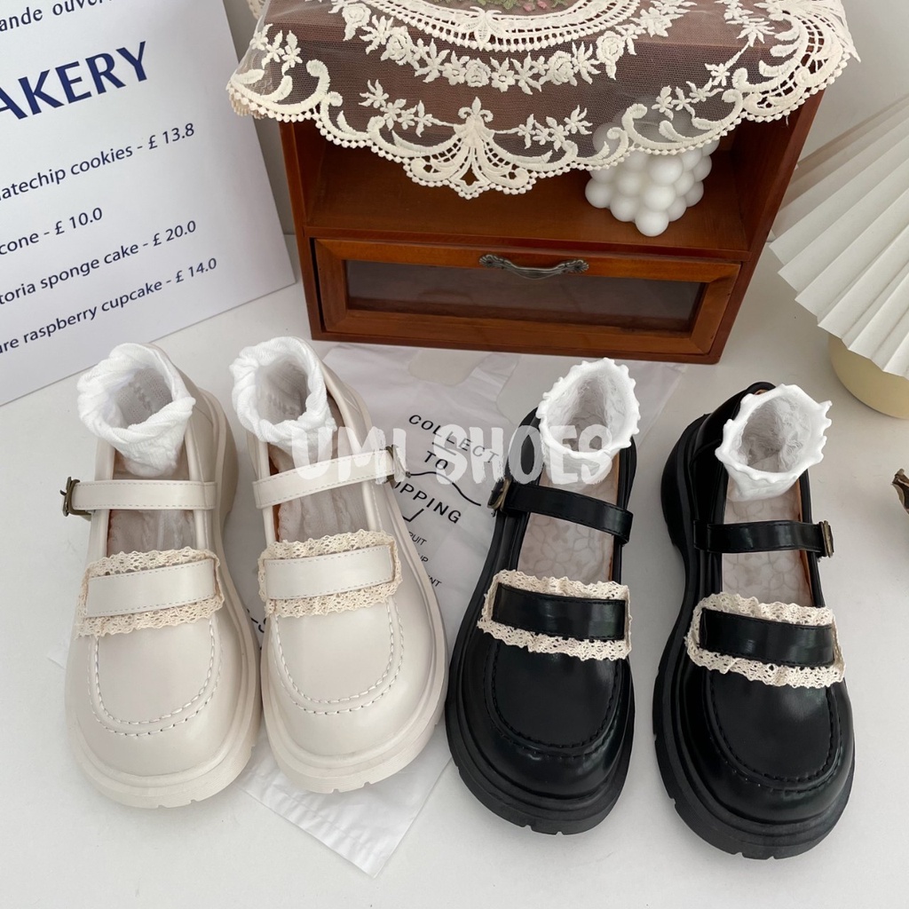 Giày Lolita Nữ Mary Quai Cài Thời Trang Phối Ren Mới Hot Da Dáng Oxford Màu Đen/Kem Học Sinh Độn Đế Cao 5cm
