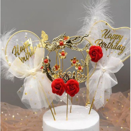 Phụ kiện trang trí bánh kem hình trái tim đính lông vũ thiết kế sang trọng