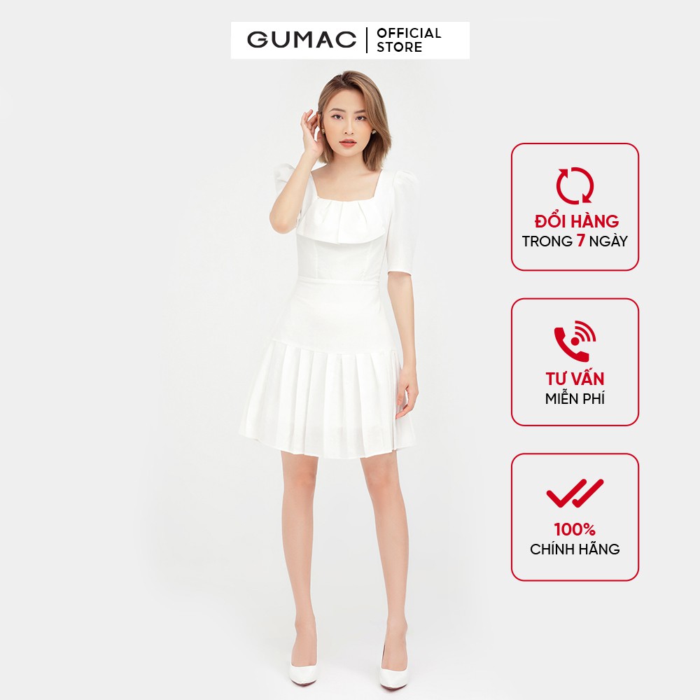 [Mã MABR07062 giảm 8% tối đa 50K đơn từ 249K] Đầm xòe nữ cổ vuông dập ly GUMAC màu trắng tay lỡ dự tiệc sang trọng DB501