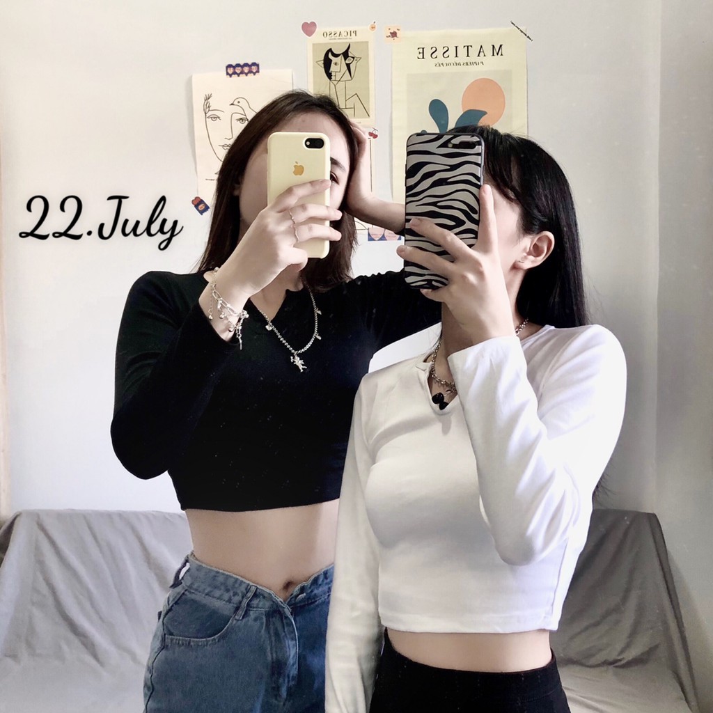 Áo croptop cổ V tay dài sexy nhẹ nhẹ, vải đẹp mịn, co giản tốtHình thật tại shop 22.July