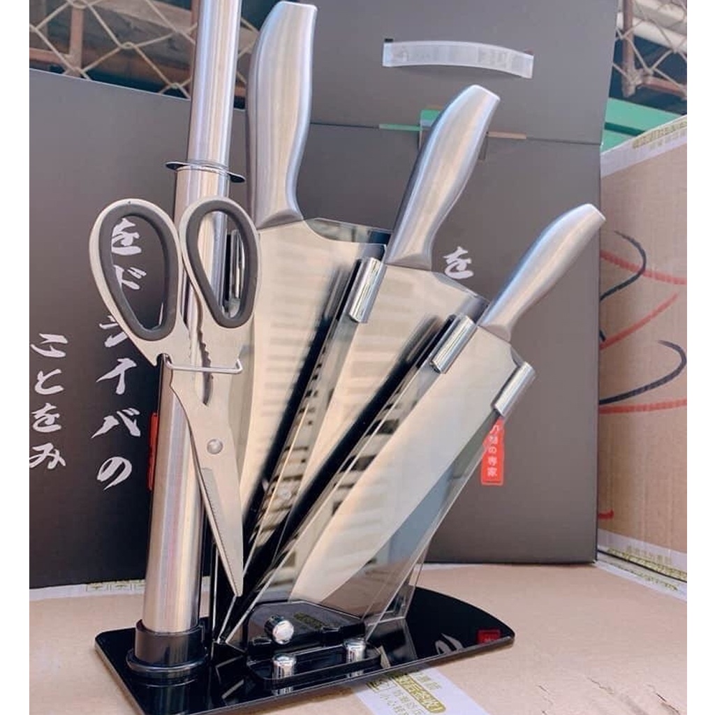 Bộ Dao Kéo Nhật Bản 5 Món Bằng Inox Đúc Nguyên Khối Cao Cấp Kháng Khuẩn Cực Tốt – Tặng Kèm Bộ Để Dao Thớt Chuyên Dụng