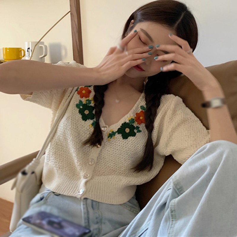 Áo Cardigan Dệt Kim Tay Ngắn Cổ Chữ V Hoạ Tiết Hoa Thêu Phong Cách Retro Cho Nữ | BigBuy360 - bigbuy360.vn