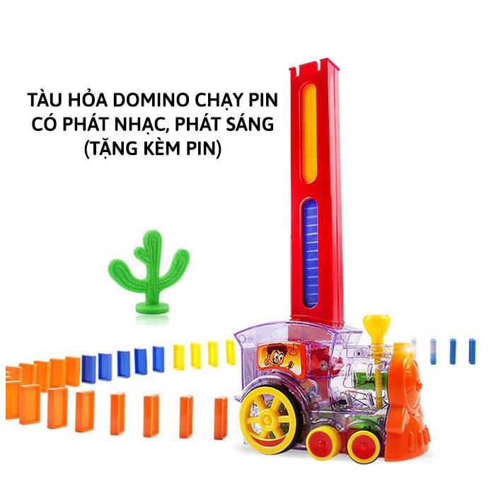 Đồ chơi Xe lửa Domino 80 chi tiết cho bé - Chạy pin, có phát nhạc, phát sáng - TẶNG KÈM PIN