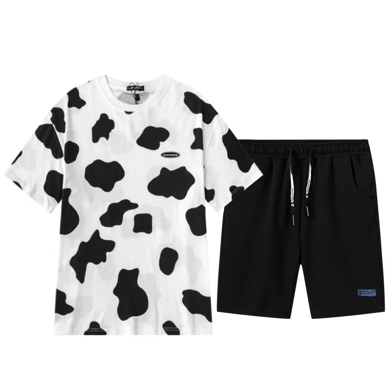 Set Bộ 2 Món Quần Shorts + Áo Thun Nam Nữ Unisex Chất Vải Thun CB2_WAT454CT_MSH002THDEF6 (Bò Sữa + Trơn Logo Xanh)
