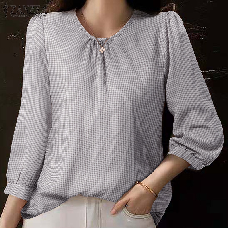 Áo kiểu ZANZEA cổ tròn tay áo 3/4 in họa tiết kẻ sọc caro dễ phối đồ kiểu dáng thanh lịch cho nữ