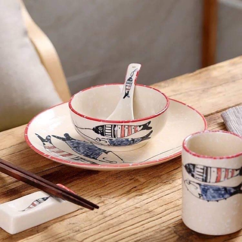 Bộ bát đĩa gốm sứ cao cấp  lẻ Cá đôi phong cách nhật bản