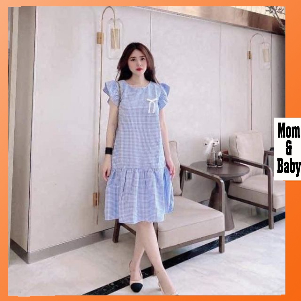 Đầm bầu thời trang thiết kế sát lách kẻ caro chất Đũi Hàn freesize từ 45 đến 70kg