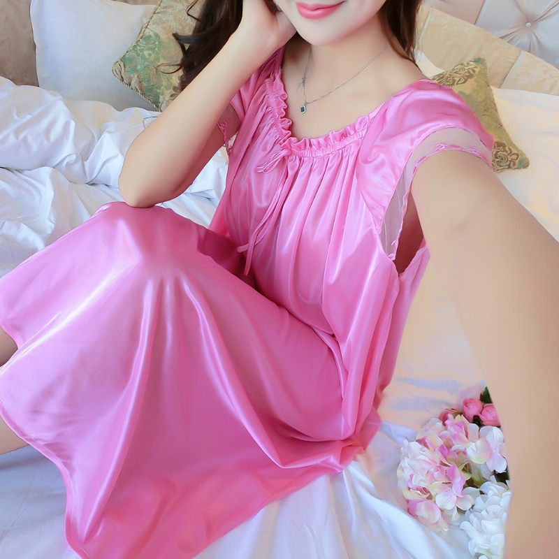 Đầm Ngủ Lụa Lạnh Tay Ngắn Dáng Rộng Phối Ren Plus Size XL Dành Cho Nữ