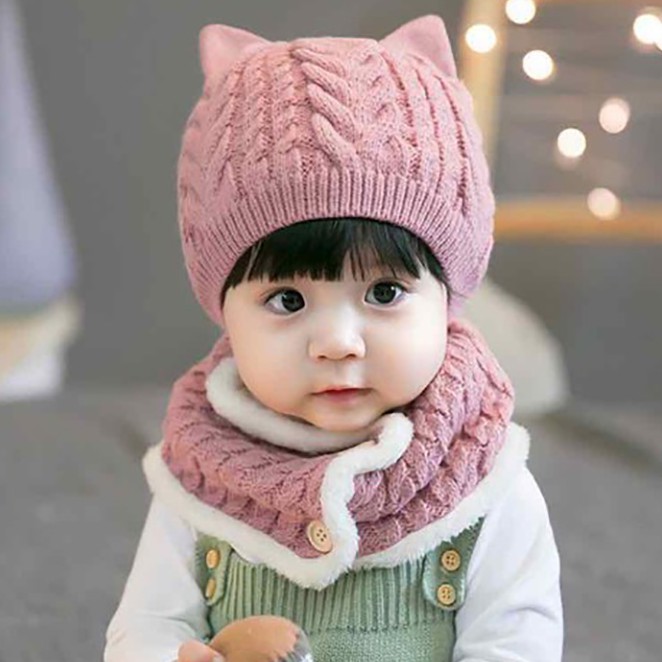 Mũ len cho bé kèm khăn có cúc bấm thời trang có lông bên trong cute ấm áp cho bé 6-36 tháng