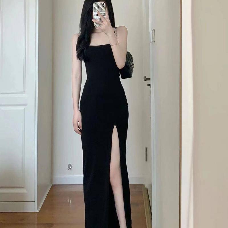 French Sexy Dress Little Black Dress Waist Garter Dress Temperament Split Tight Dress Long Dress