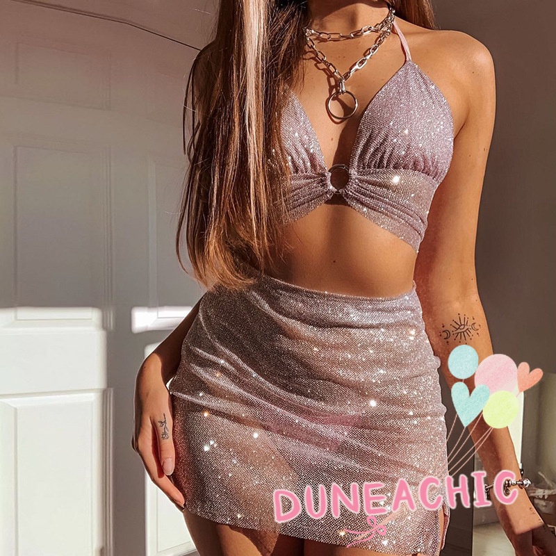 DUNEA Set Áo Tank Top 2 Dây + Chân Váy Xẻ Tà Đính Kim Tuyến Lấp Lánh Thời Trang Quyến Rũ Cho Nữ