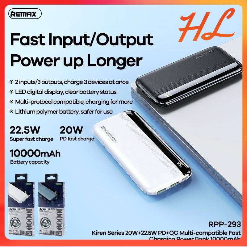 Pin Sạc Dự Phòng Remax RPP-293 10000mAh (2 Inputs 3 Outputs, TypeC PD20W, USB 22.5W) - Hưng Long PC