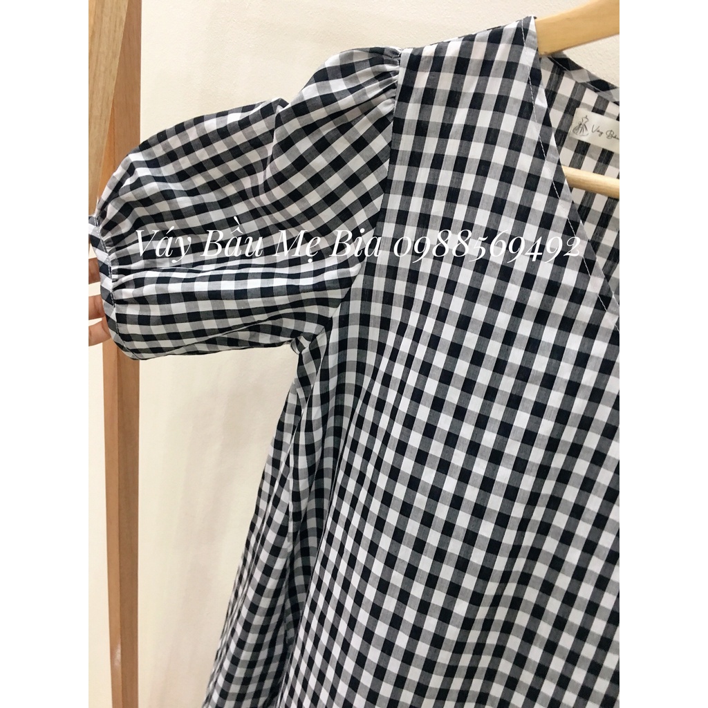 Váy bầu bigsize - Đầm bầu thiết kế GuMe màu Caro Đen Cổ V Sườn Thiên Tay Bo size 40-100kg  MB208 - ảnh thật