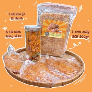 Combo gà cháy ke (gồm 1 hũ khô gà lá chanh 300gr + 1 cơm cháy siêu chà bông 200gr + 5 túi bánh tráng xì ke)