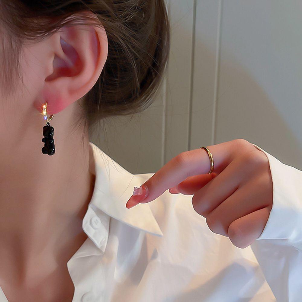 Bông Tai Dáng Dài Bằng Hợp Kim Màu Trơn Họa Tiết Hoạt Hình Chú Gấu Ngọt Ngào